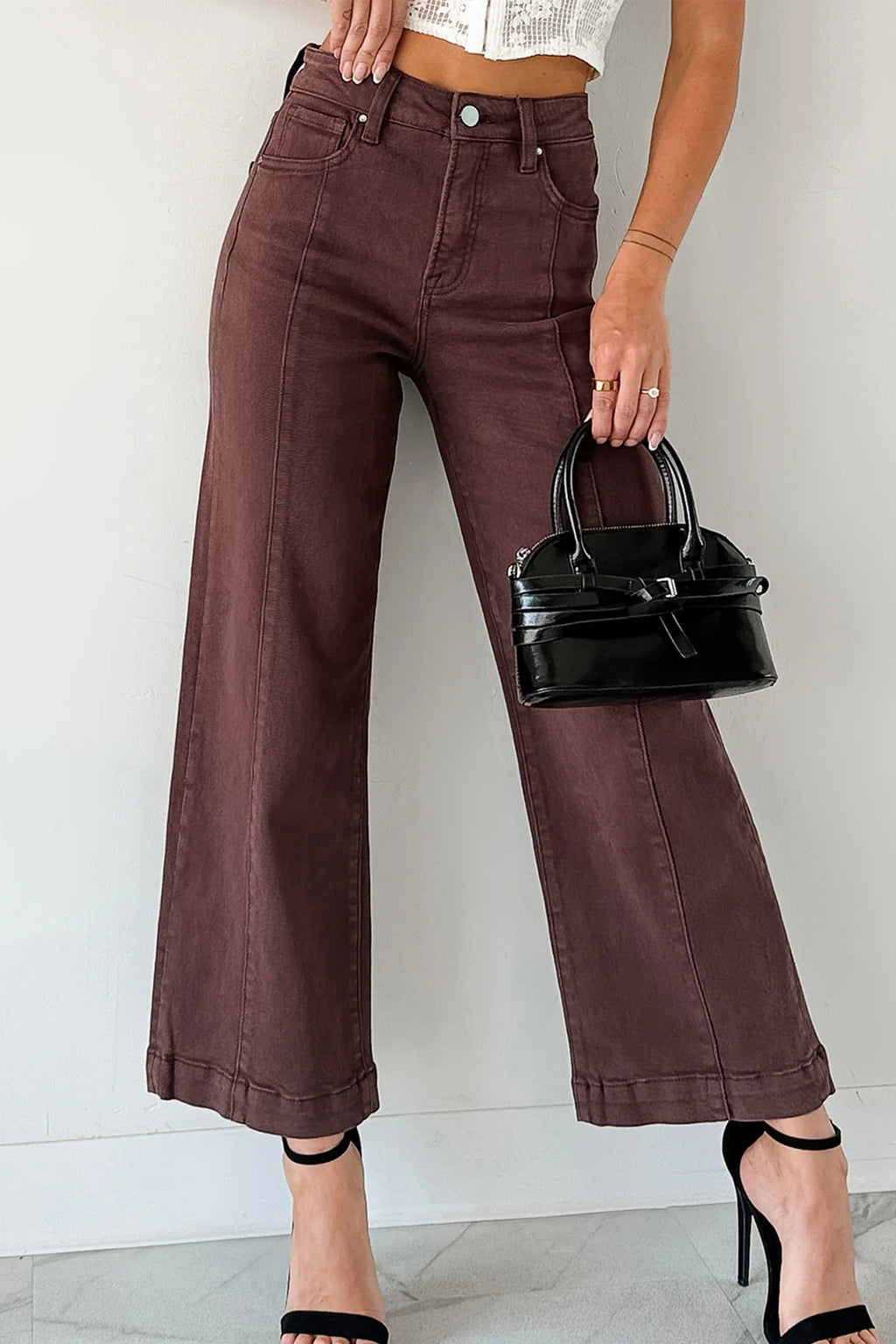 *Red Sandalwood Solid Color Seamed Center Wide Leg Cropped Jeans
