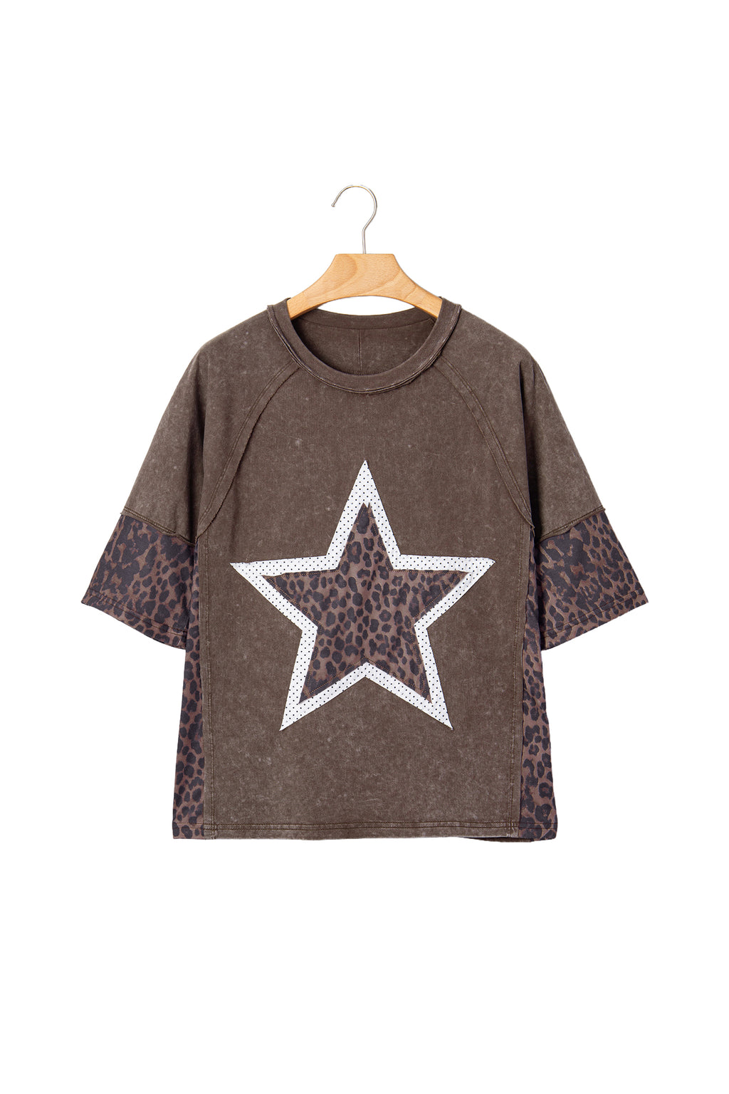 *Coffee Mineral Wash Exposed Seam Leopard Star Patched T Shirt