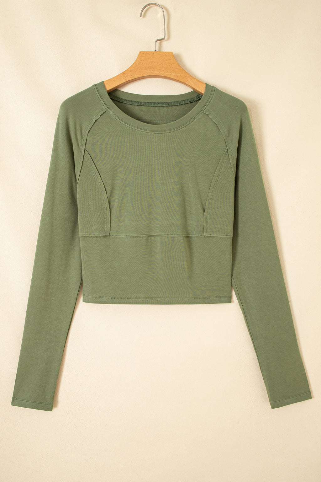 *Guacamole Green Round Neck Paneling Long Sleeve Top