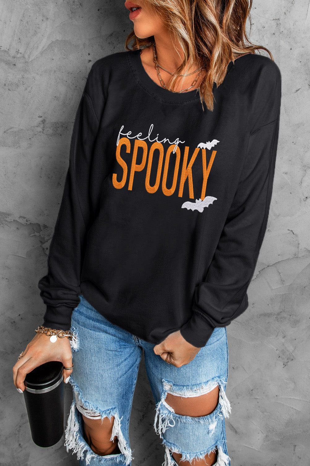 *Black Feeling Spooky Halloween Embroidered Graphic Baggy Sweatshirt