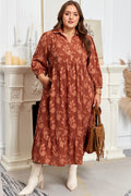 *Cinnamon Plus Size Textured 3D Flower Pattern Ruffle Hem 3/4 Sleeve Long Dress