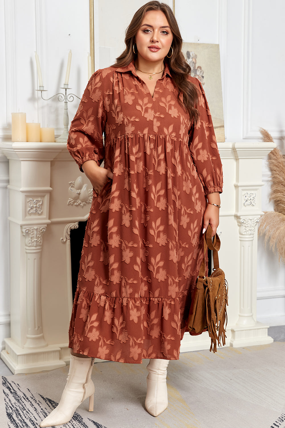 *Cinnamon Plus Size Textured 3D Flower Pattern Ruffle Hem 3/4 Sleeve Long Dress