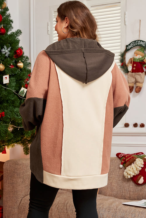 *Brown Exposed Seam Colorblock Plus Size Hoodie
