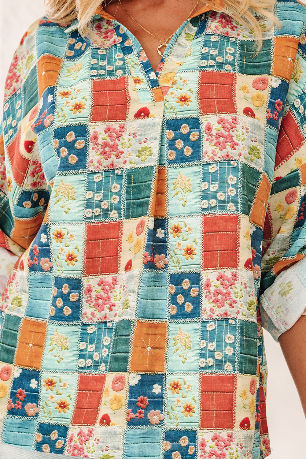 *Sky Blue Floral Collared V Neck Roll up Sleeve Shift Blouse