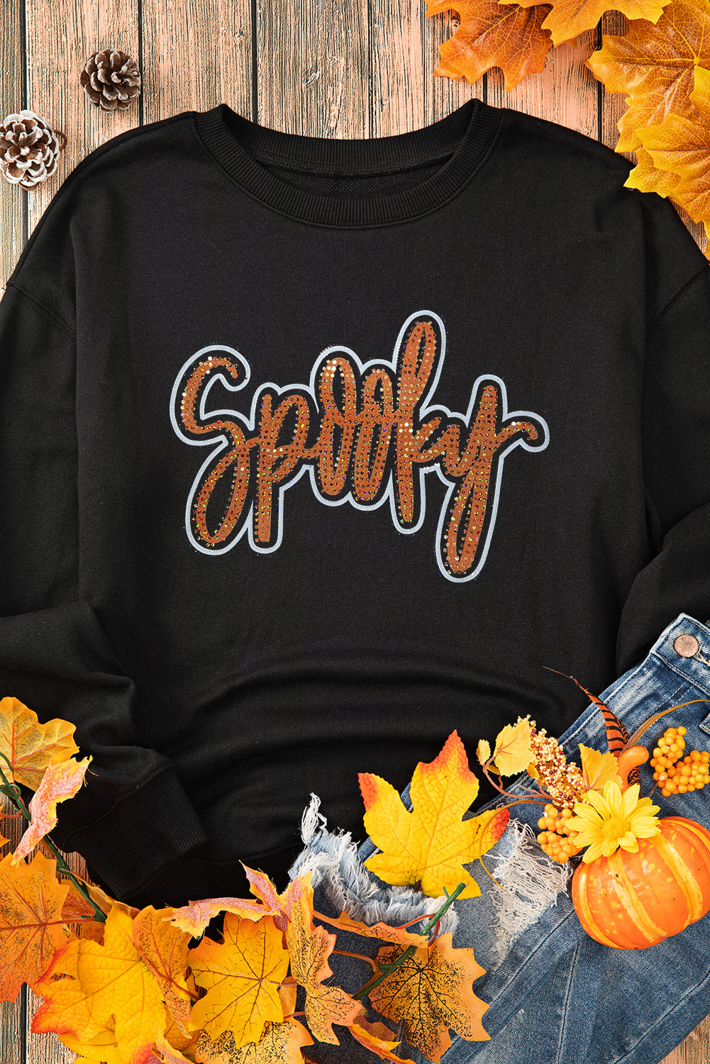 *Black Spooky Rhinestone Drop Shoulder Graphic Sweatshirt