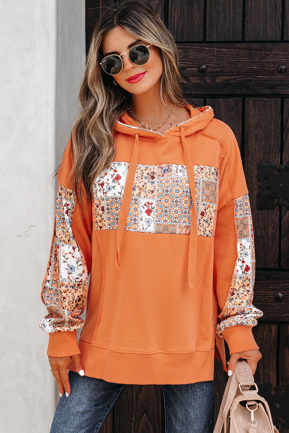 *Delicacy Mix Floral Patchwork Side Slit Drawstring Hoodie
