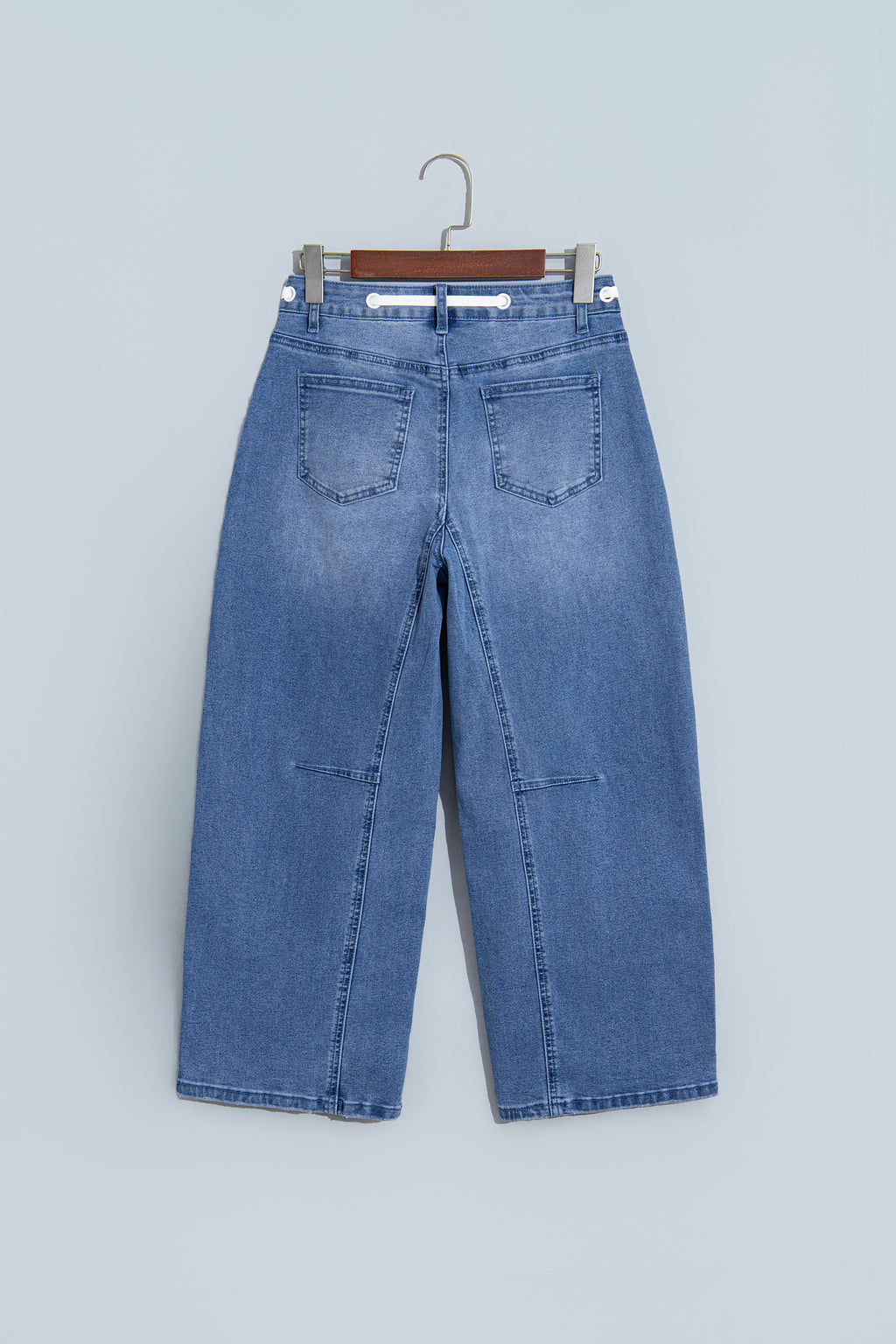 *Beau Blue Solid Patchwork Grommet Tie Waist Loose Ankle-Length Jeans