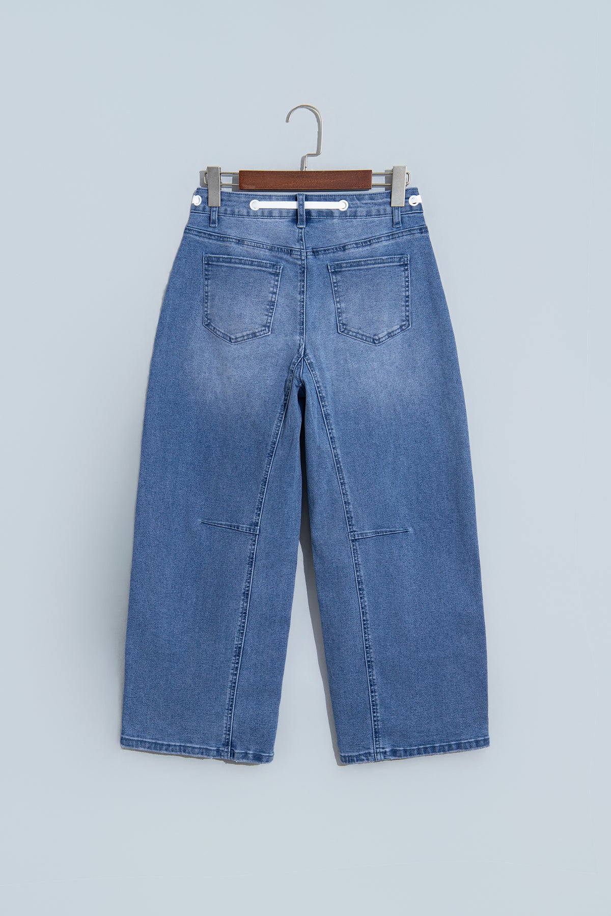 *Beau Blue Solid Patchwork Grommet Tie Waist Loose Ankle-Length Jeans