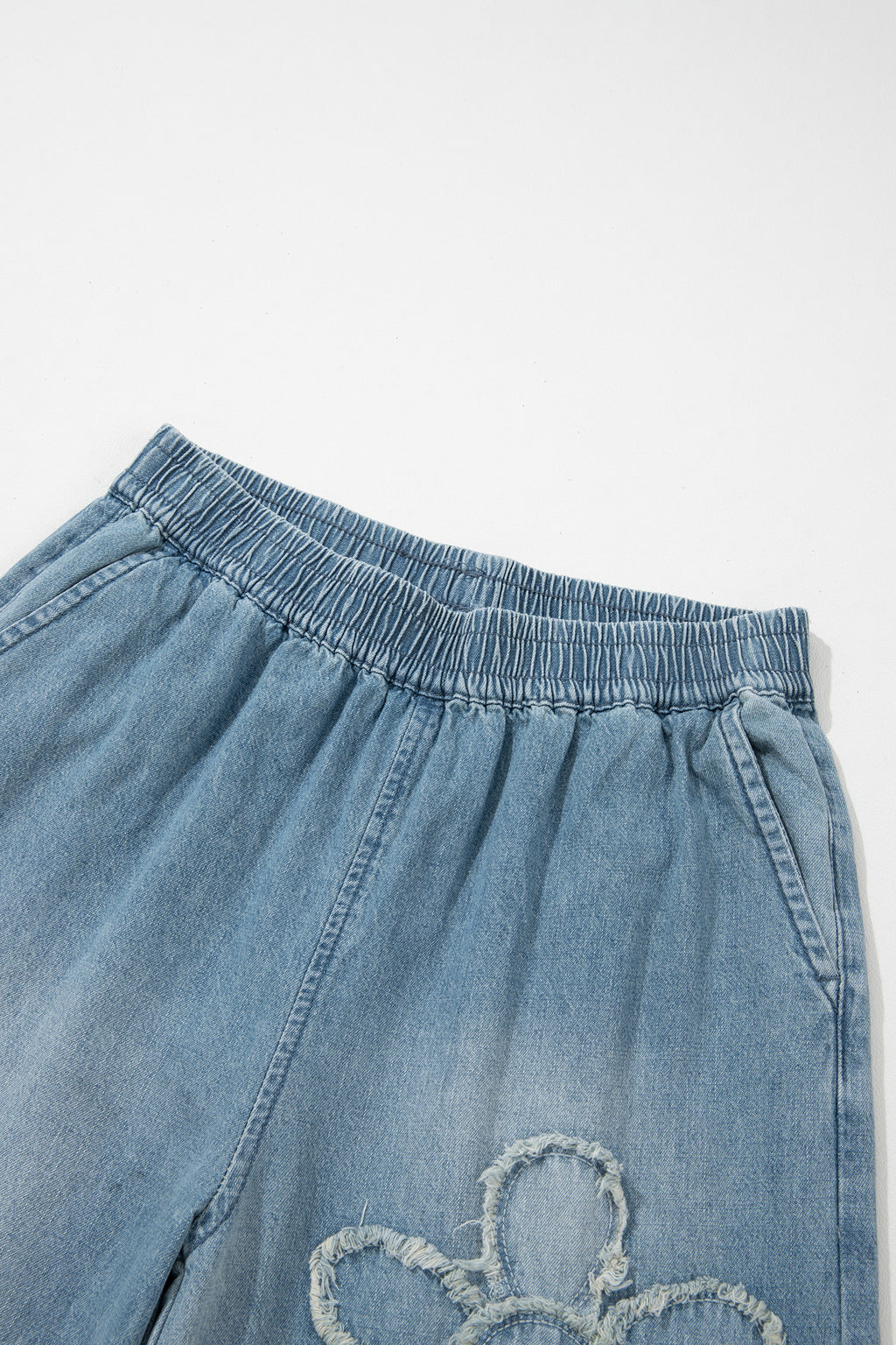 *Beau Blue Frayed Floral Patch Wide Leg Raw Hem Wide Leg Jeans