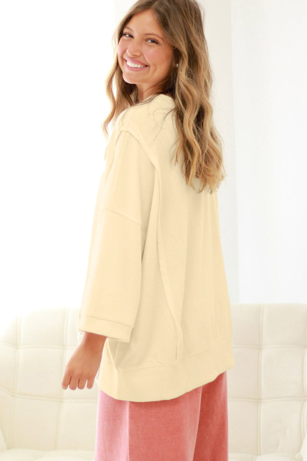 *Beige Plus Size Raw Seam Detail Floral Bow Patched Baggy Pullover