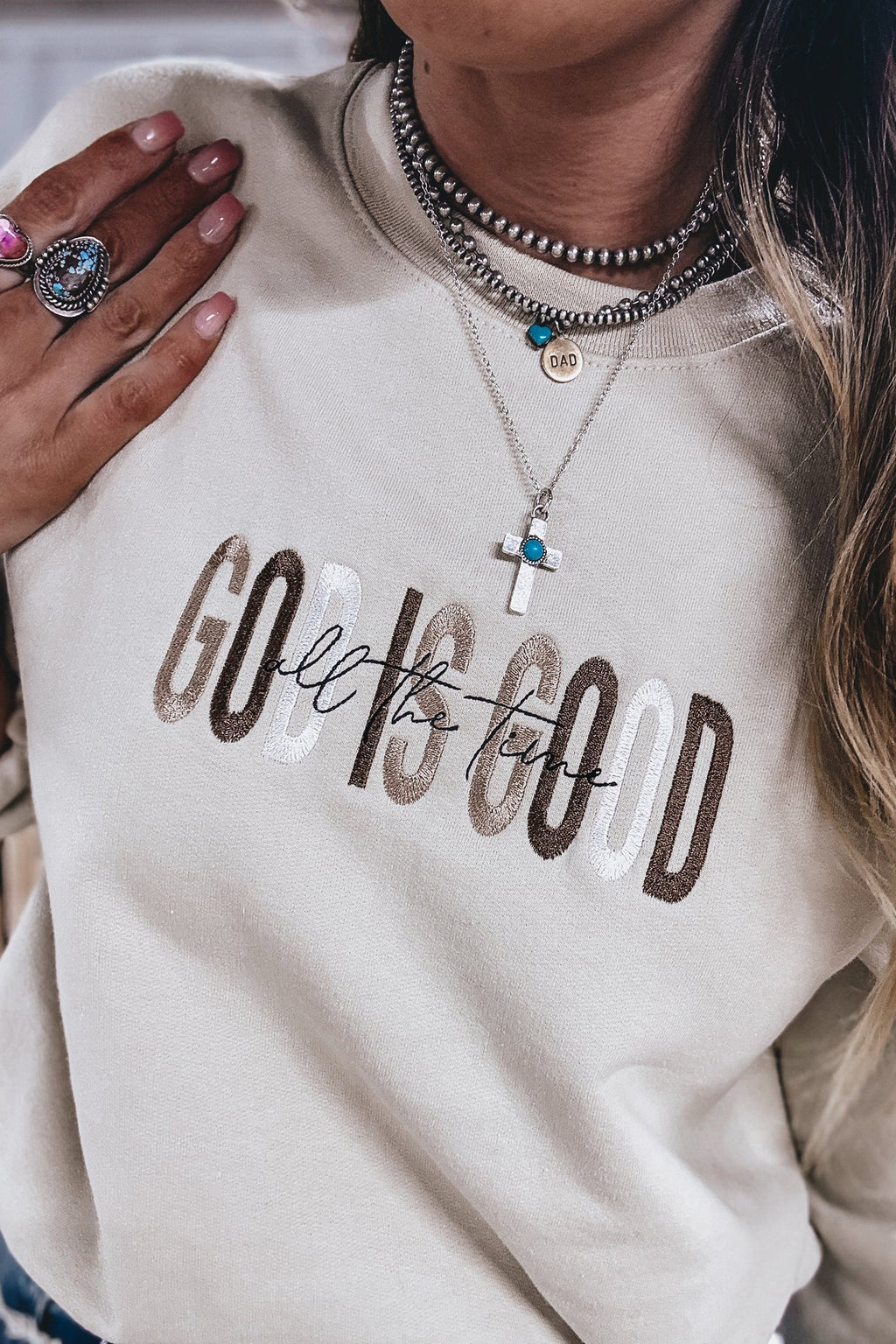 *Jet Stream GOD IS GOOD Western Embroidered Letter Crewneck Pullover Sweatshirt