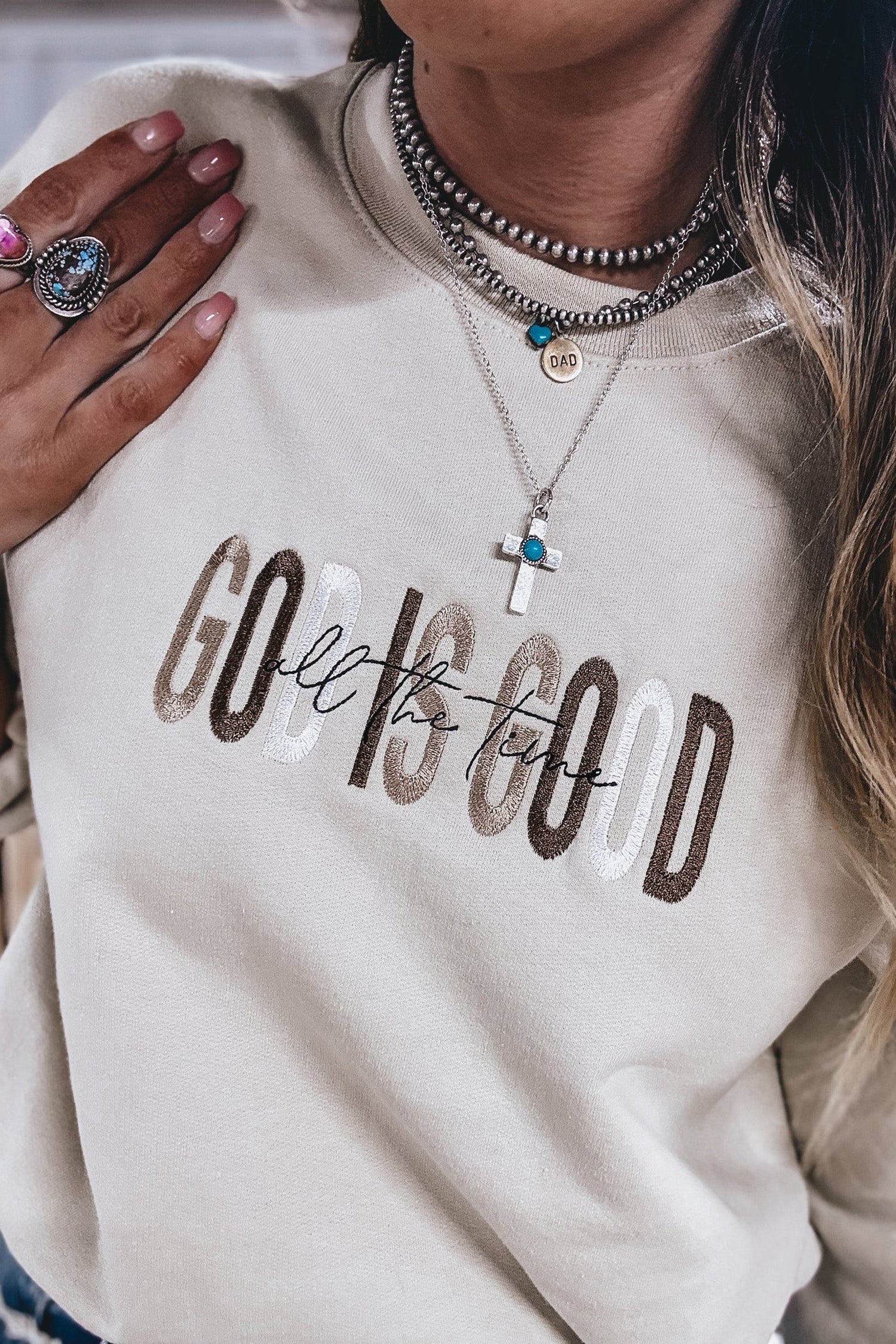 *Jet Stream GOD IS GOOD Western Embroidered Letter Crewneck Pullover Sweatshirt