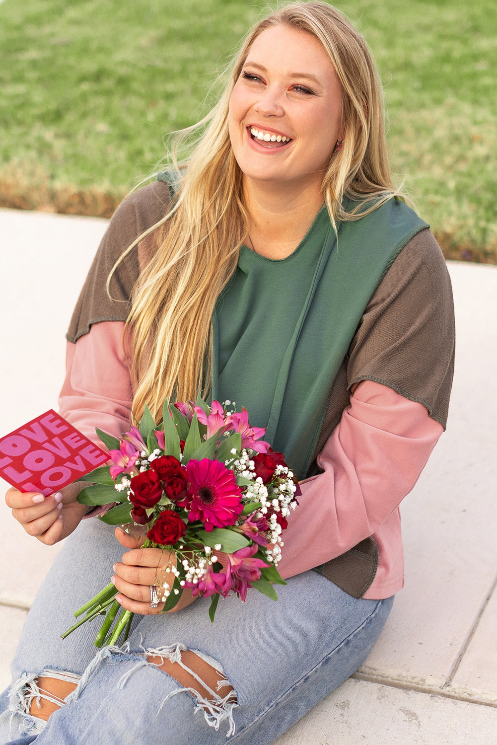 *Green Plus Size Colorblock Patchwork V Neck Hoodie