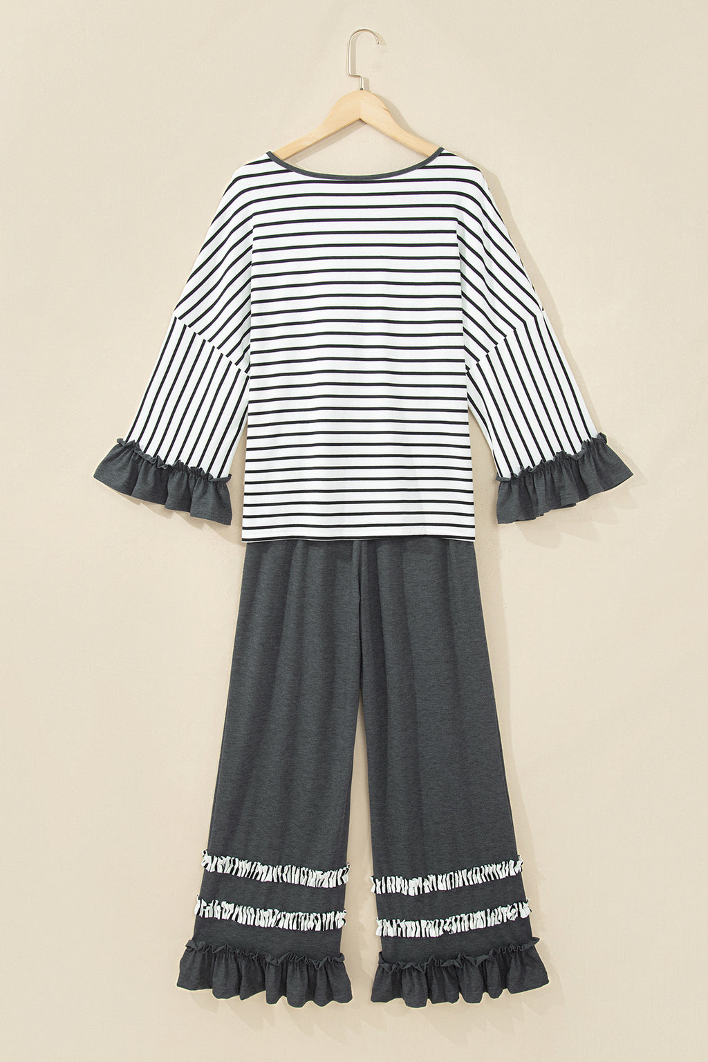 *2 colors Khaki/Gray Stripe V Neck Ruffle Contrast Sleeve Top Drawstring Pants 2pcs Set