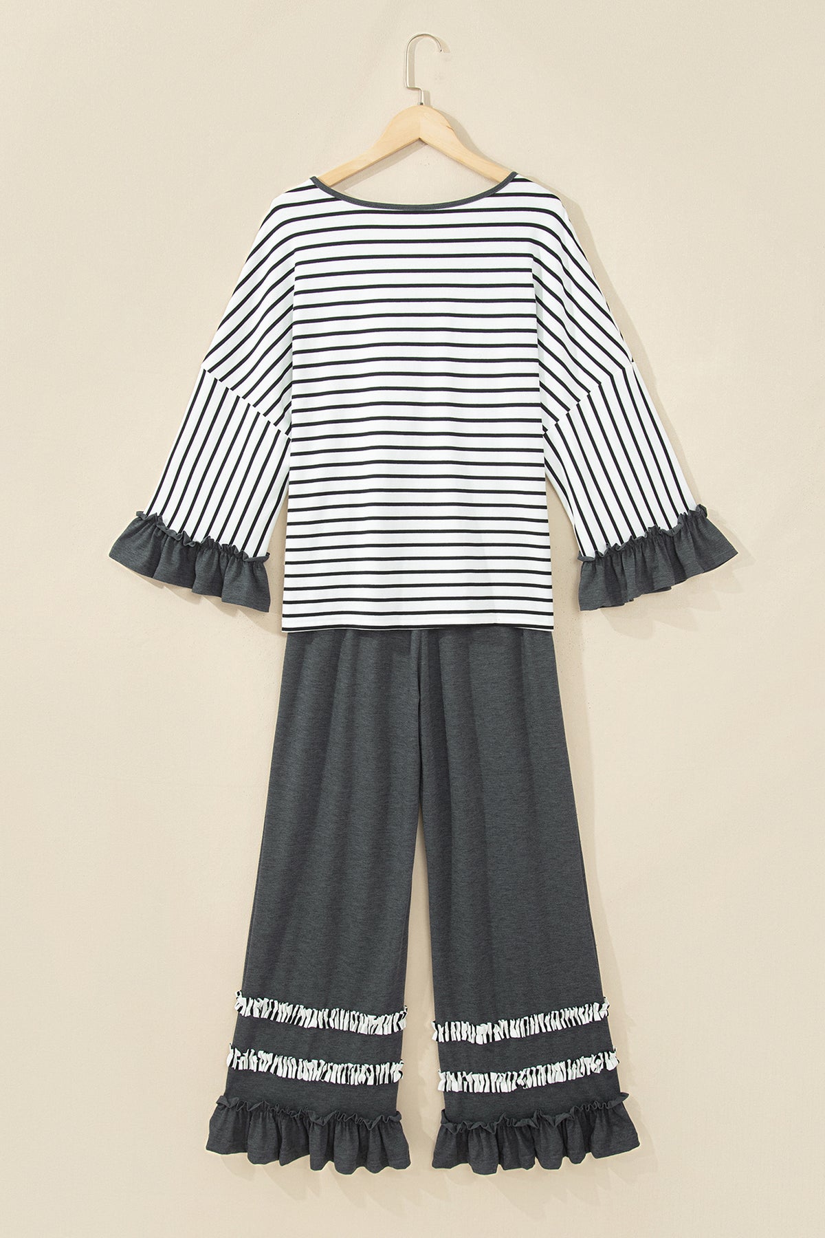 *2 colors Khaki/Gray Stripe V Neck Ruffle Contrast Sleeve Top Drawstring Pants 2pcs Set