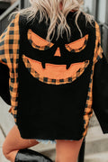 *Black Patchwork Plaid Pumpkin Face Long Sleeve Top
