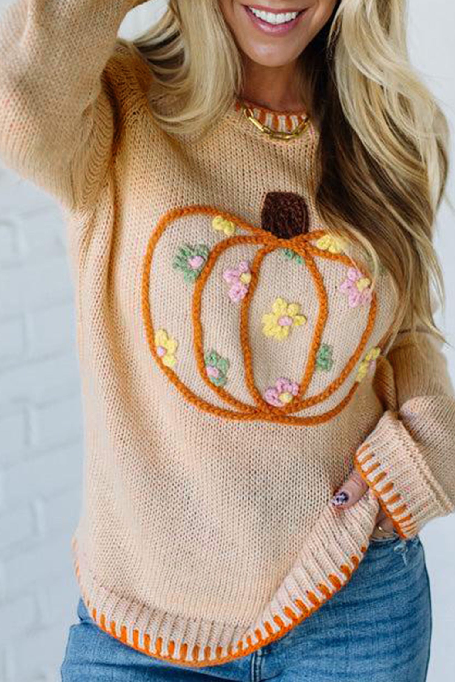 *Parchment Floral Embroidery Pumpkin Long Sleeve Round Neck Sweater