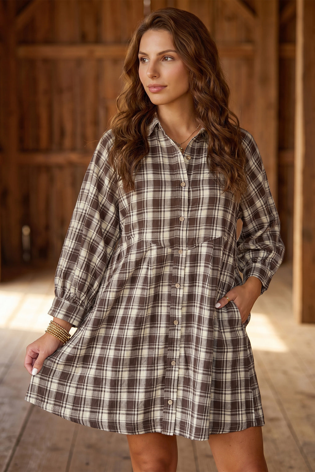 *Brown Plaid Long Sleeve Short Shift Mini Dress