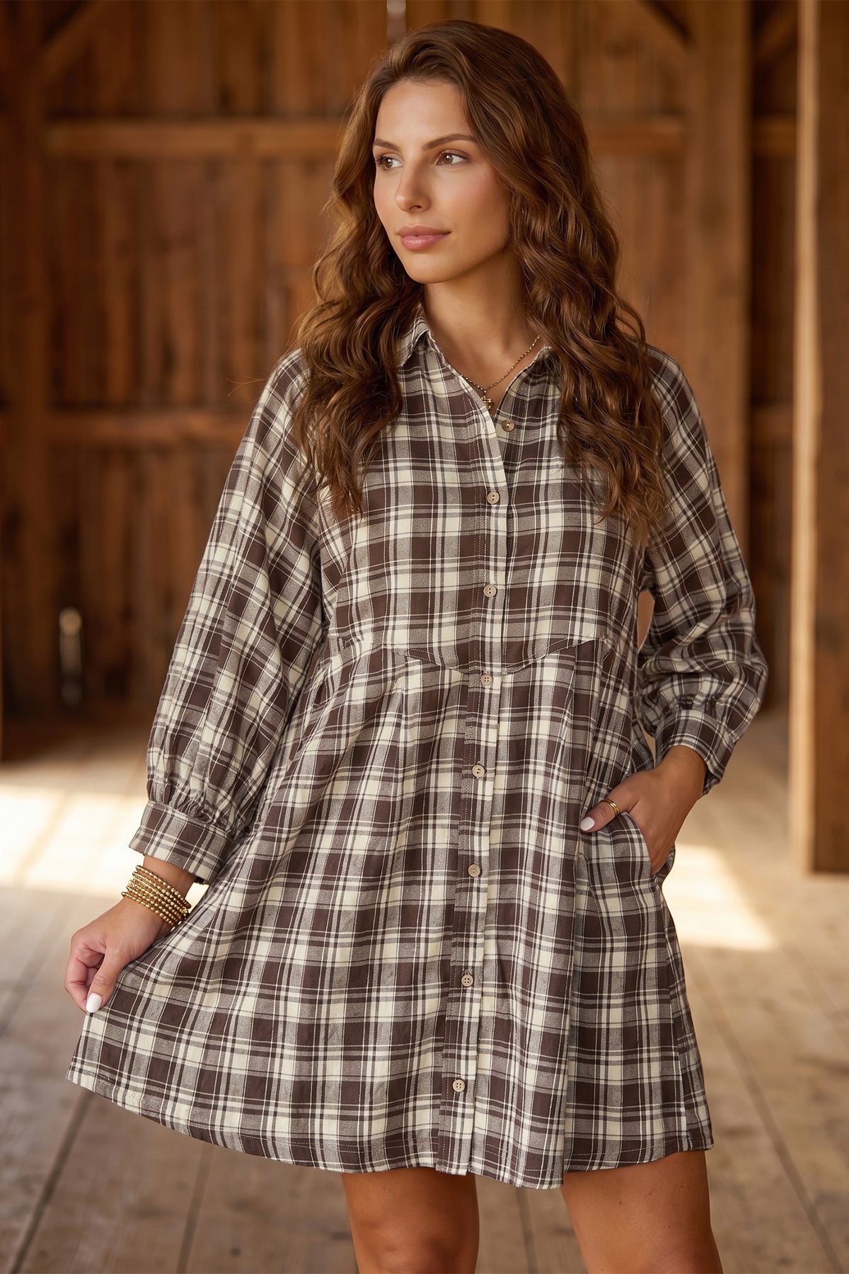 *Brown Plaid Long Sleeve Short Shift Mini Dress