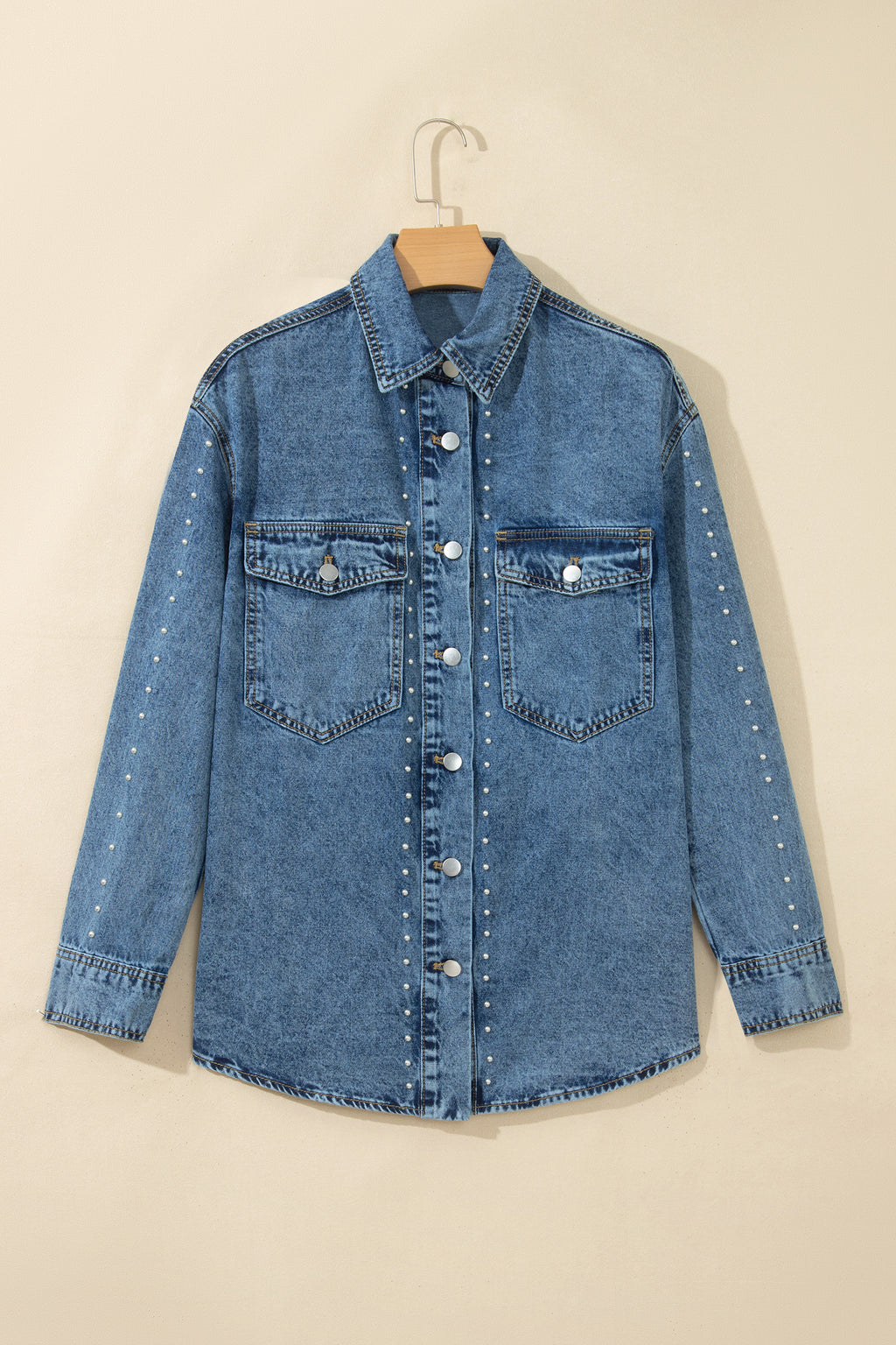 *Sail Blue Rivet Embellished Western Style Regular Fit Long Sleeve Denim Jacket