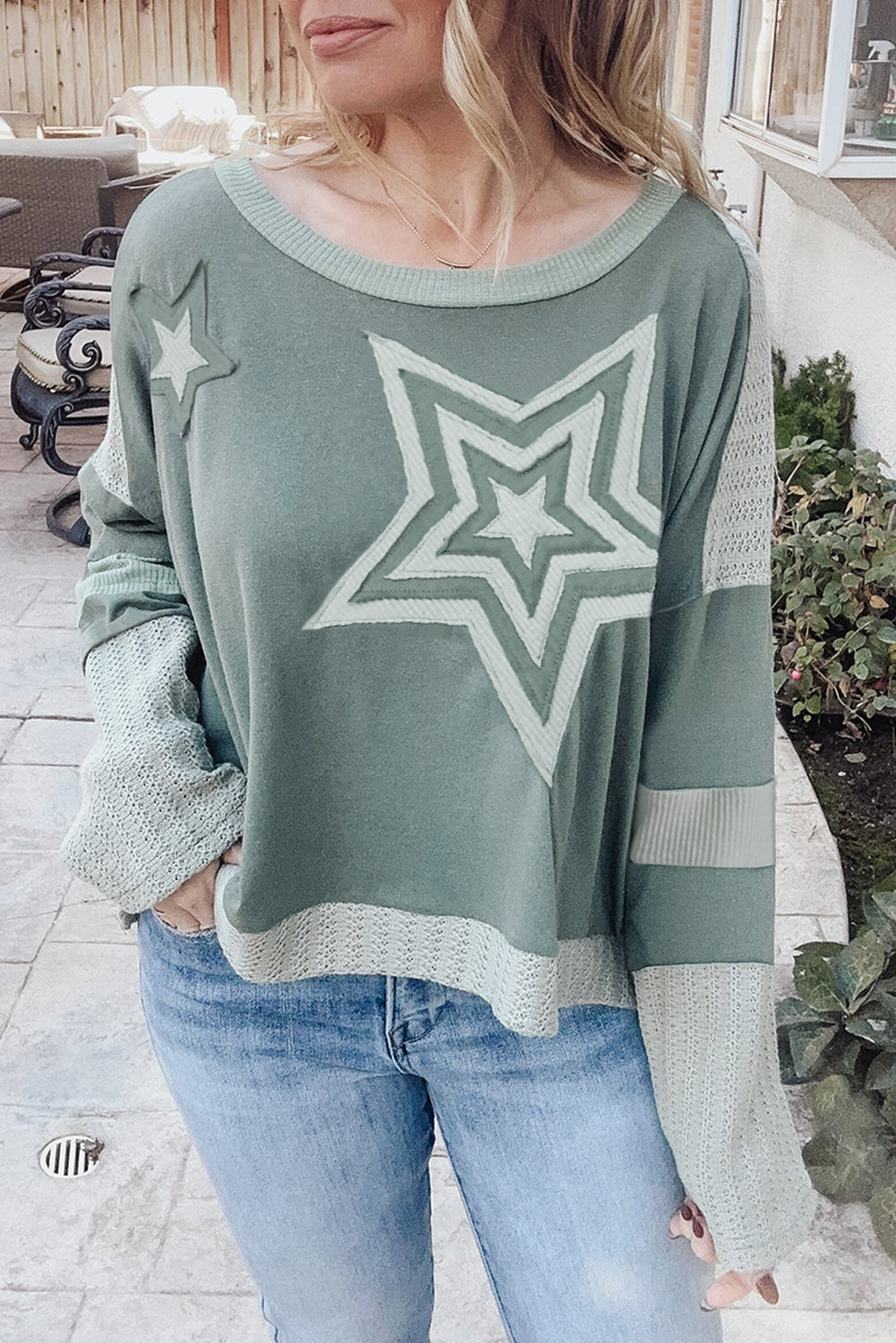 *Mist Green Stars Patchwork Round Neck Plus Size T Shirt