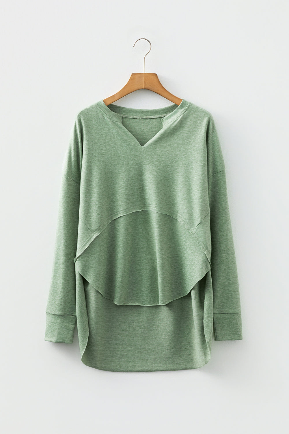 *Myosotis Notched Neck Terry Raw Hem Long Sleeve Top