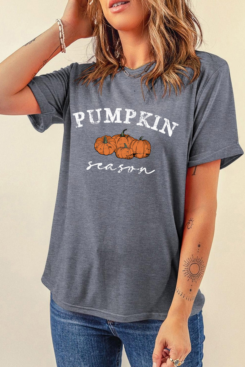 *Gray Pumpkin Season Graphic Round Neck Short Sleeve T-Shirt