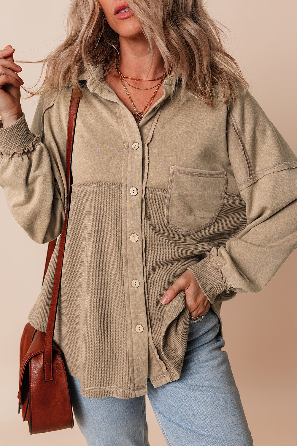*Goat Mineral Wash Textured Patchwork Loose Fit Shacket