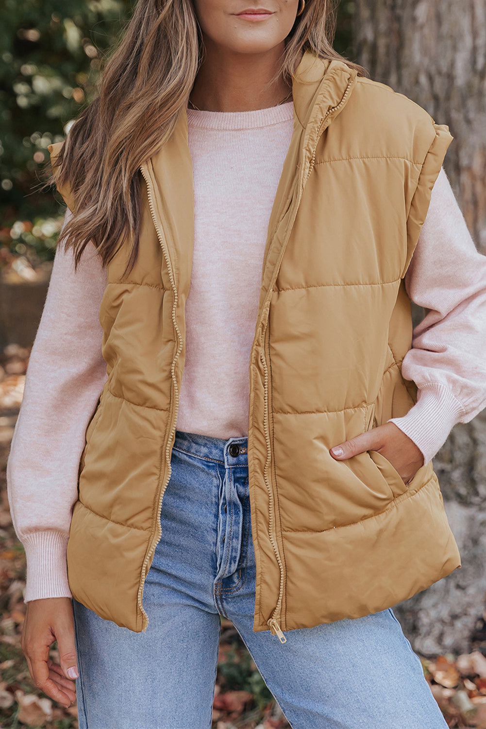 *Khaki Oversized Stand Collar Zip Winter Vest