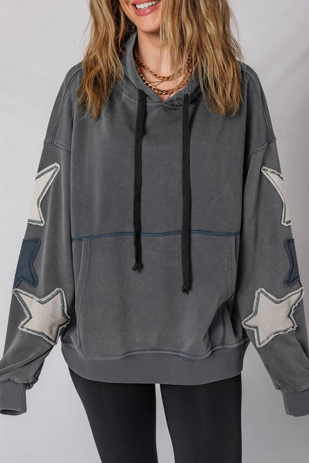 *Carbon Grey Star Patchwork Contrast Stitching Mineral Wash Kangaroo Pocket Vintage Hoodie