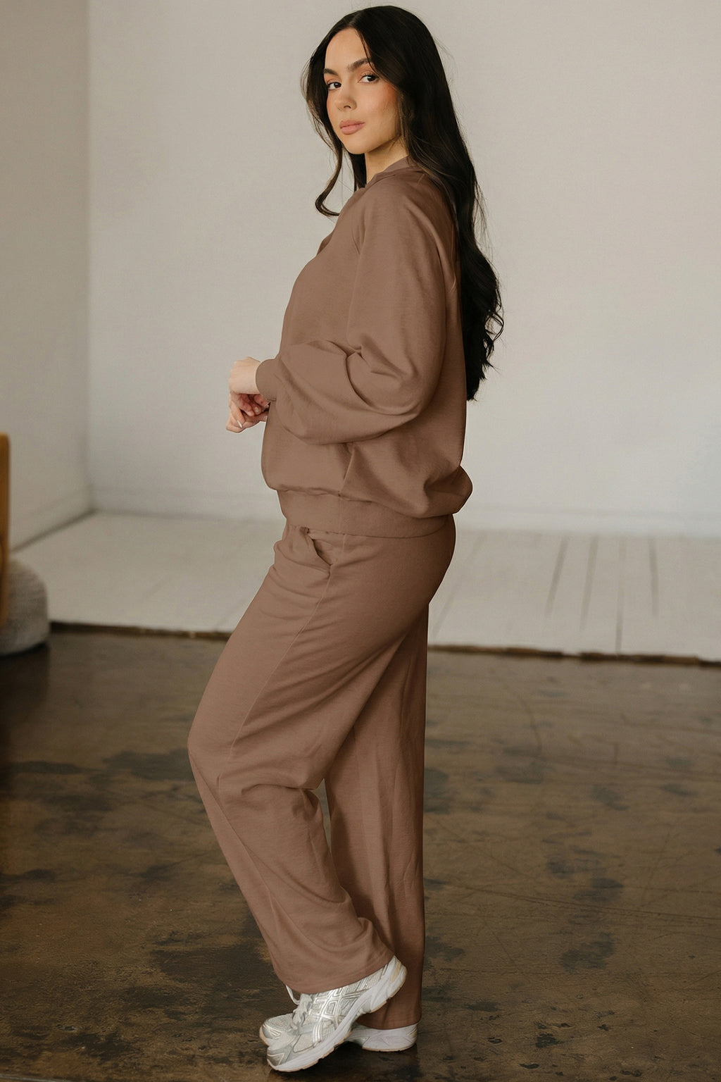 *Dark Khaki Polo Collar V Neck Pullover and Drawstring Sweatpants Set