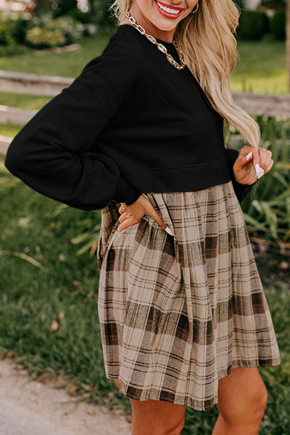 *Beige Plaid Patchwork High Waist Sweatshirt Mini Dress