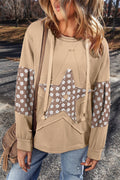 *Apricot Floral Patchwork Star Pattern Drawstring Hoodie