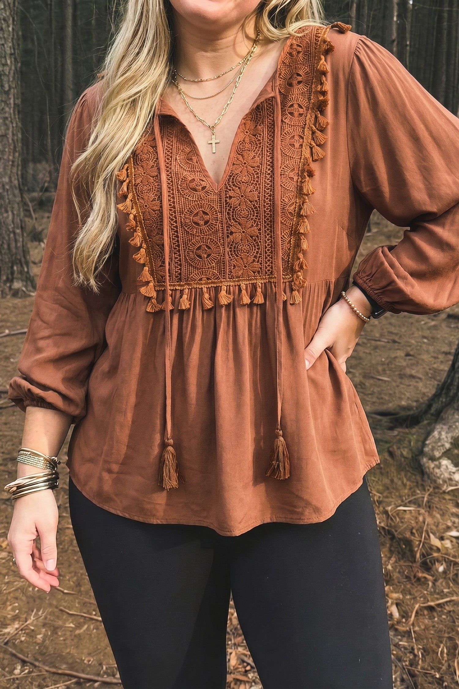 *Chestnut Boho V Neck Embroidered Tassel Long Sleeve Plus Size Blouse
