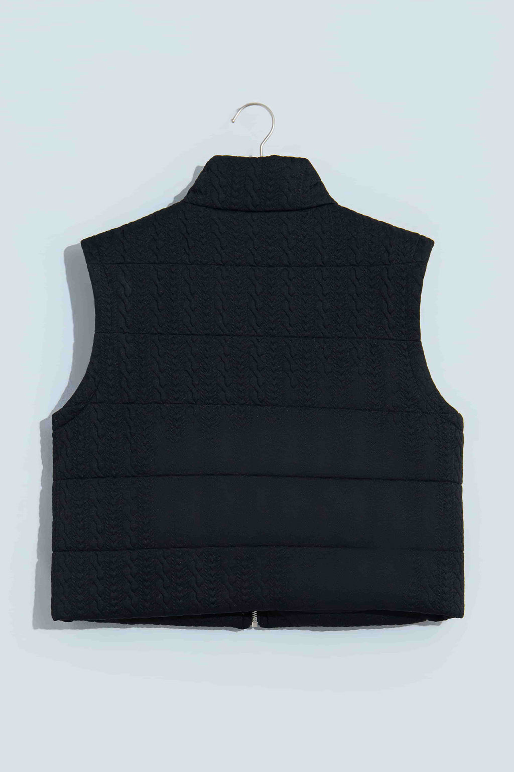 *Black Textured Quilted Stand Neck Zipper Winter Vest