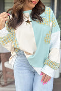 *Light Blue Plaid Patchwork Round Neck Long Sleeve Top