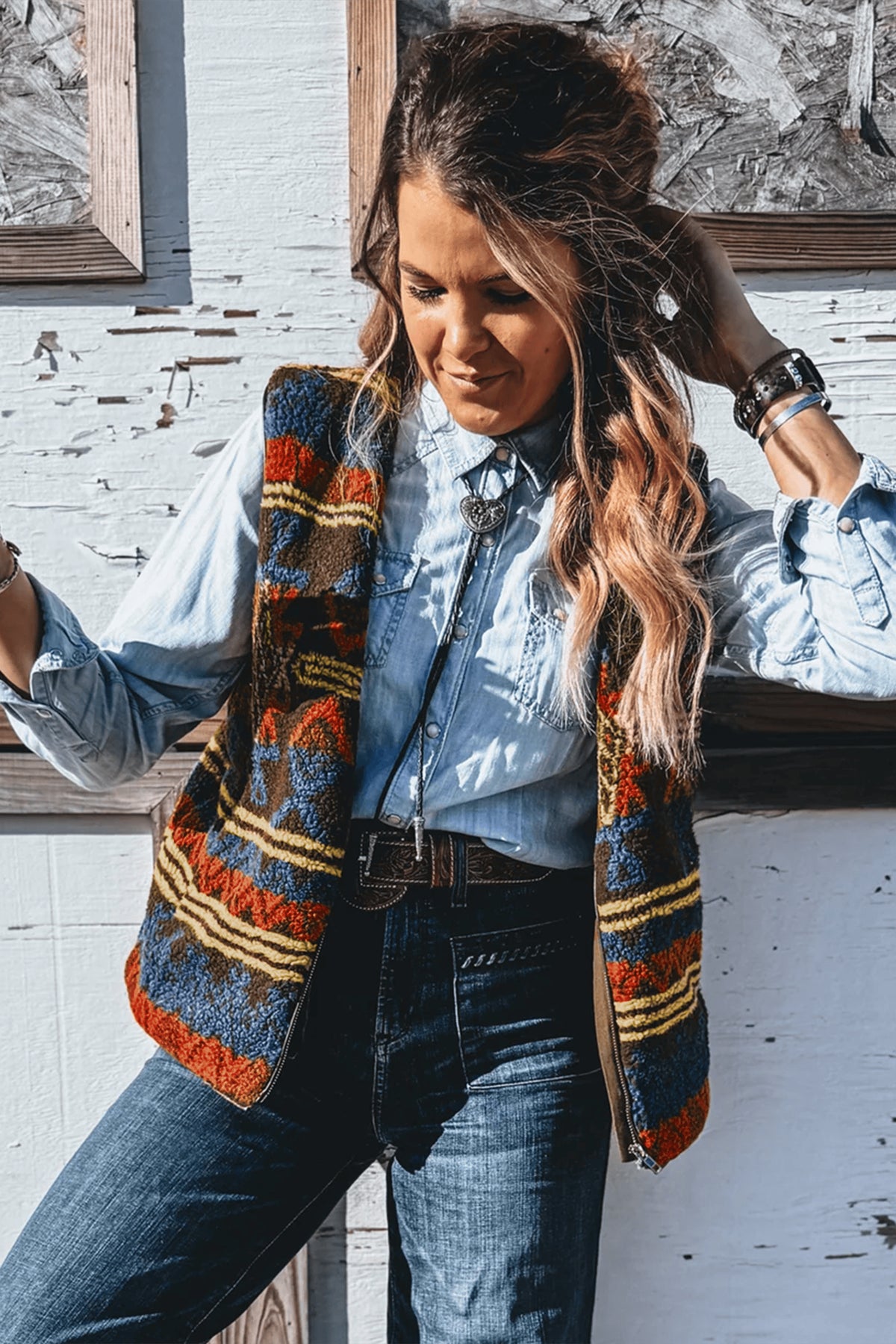 *Multicolour Western Print Faux Fur Metal Zipper Insert Pockets Sleeveless Vest