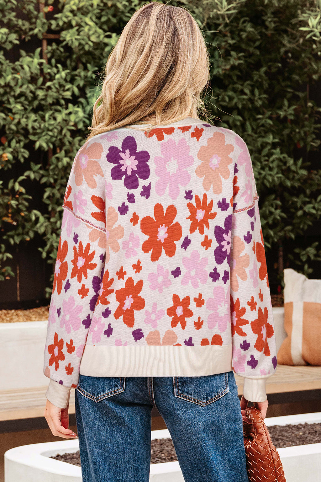 *Khaki Fall Floral Pattern Drop Shoulder Sweater