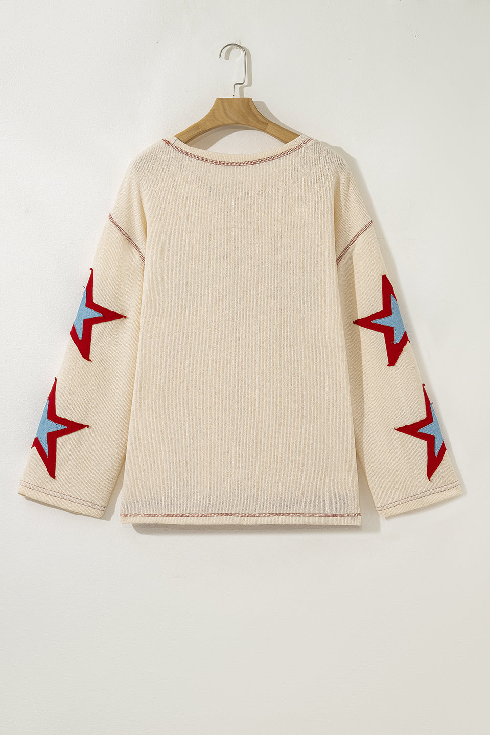 *Beige USA Star Contrast Patchwork Exposed Seam Long Sleeve Top