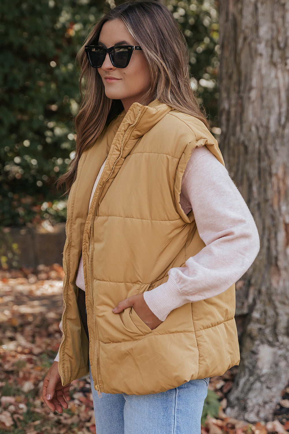 *Khaki Oversized Stand Collar Zip Winter Vest