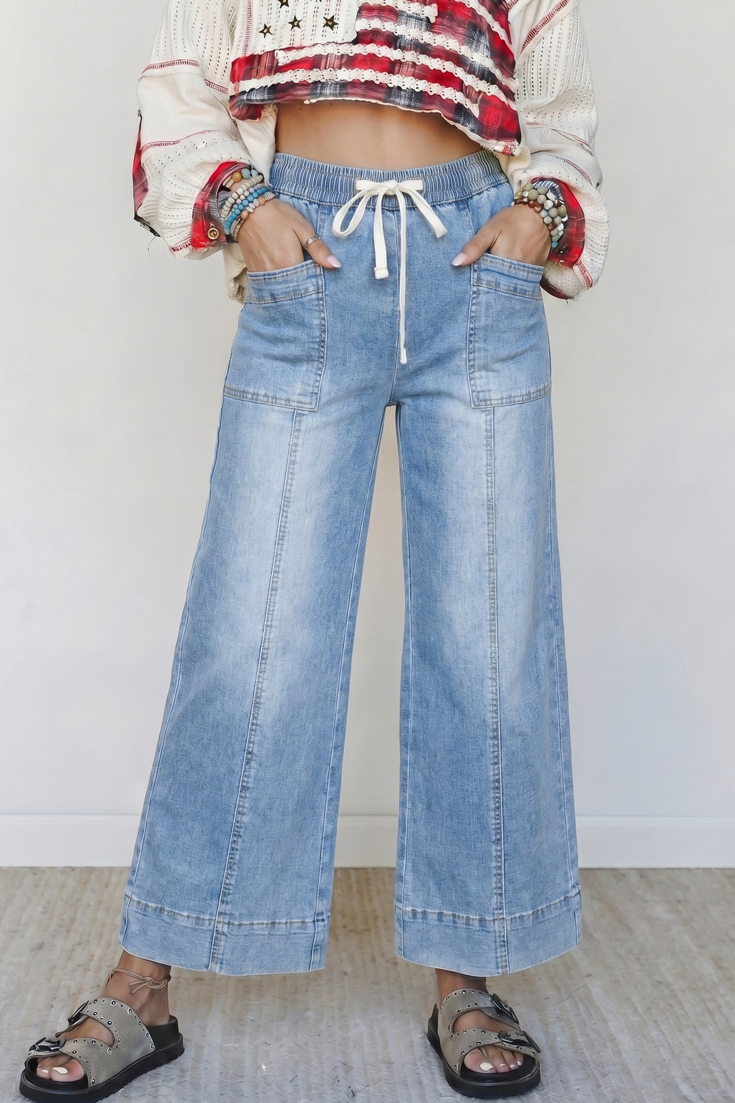 *Beau Blue Drawstring Waist Wide Leg Ankle Length Jeans