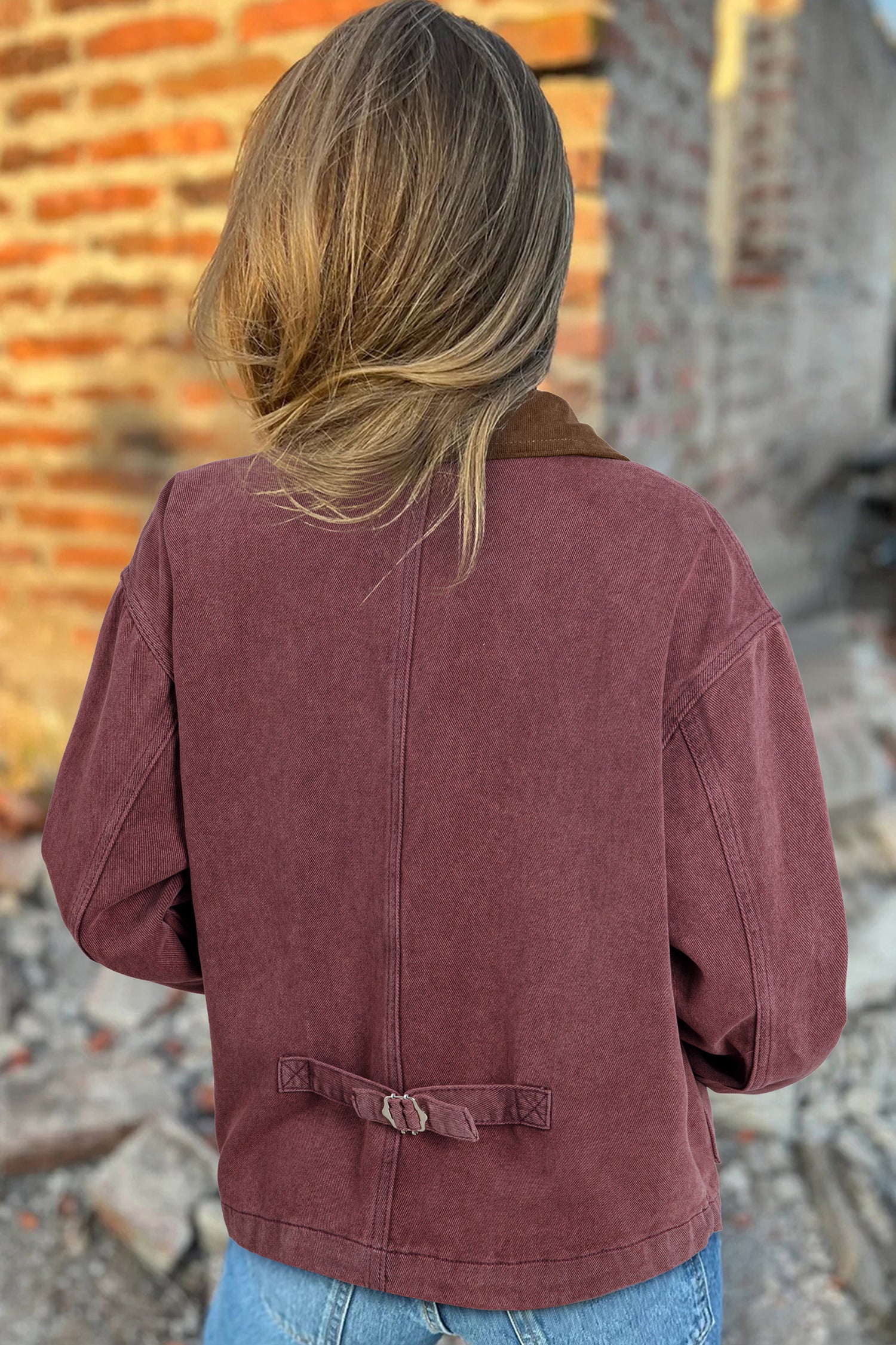 *Coffee Corduroy Collar Zipped Front Denim Jacket