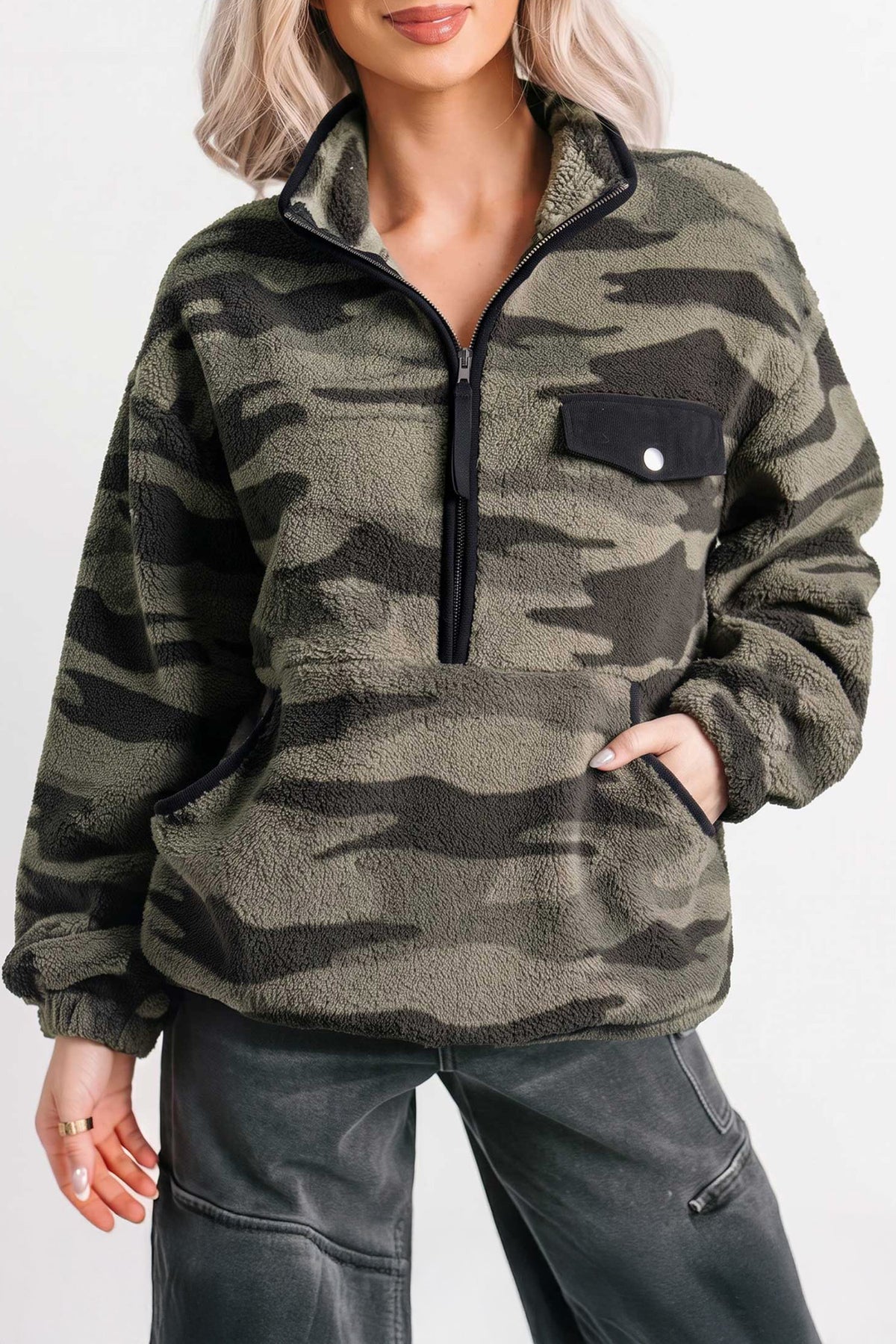 *Multicolour Camouflage Fleece Half Zip-Up Long Sleeve Pocket Sweatshirt