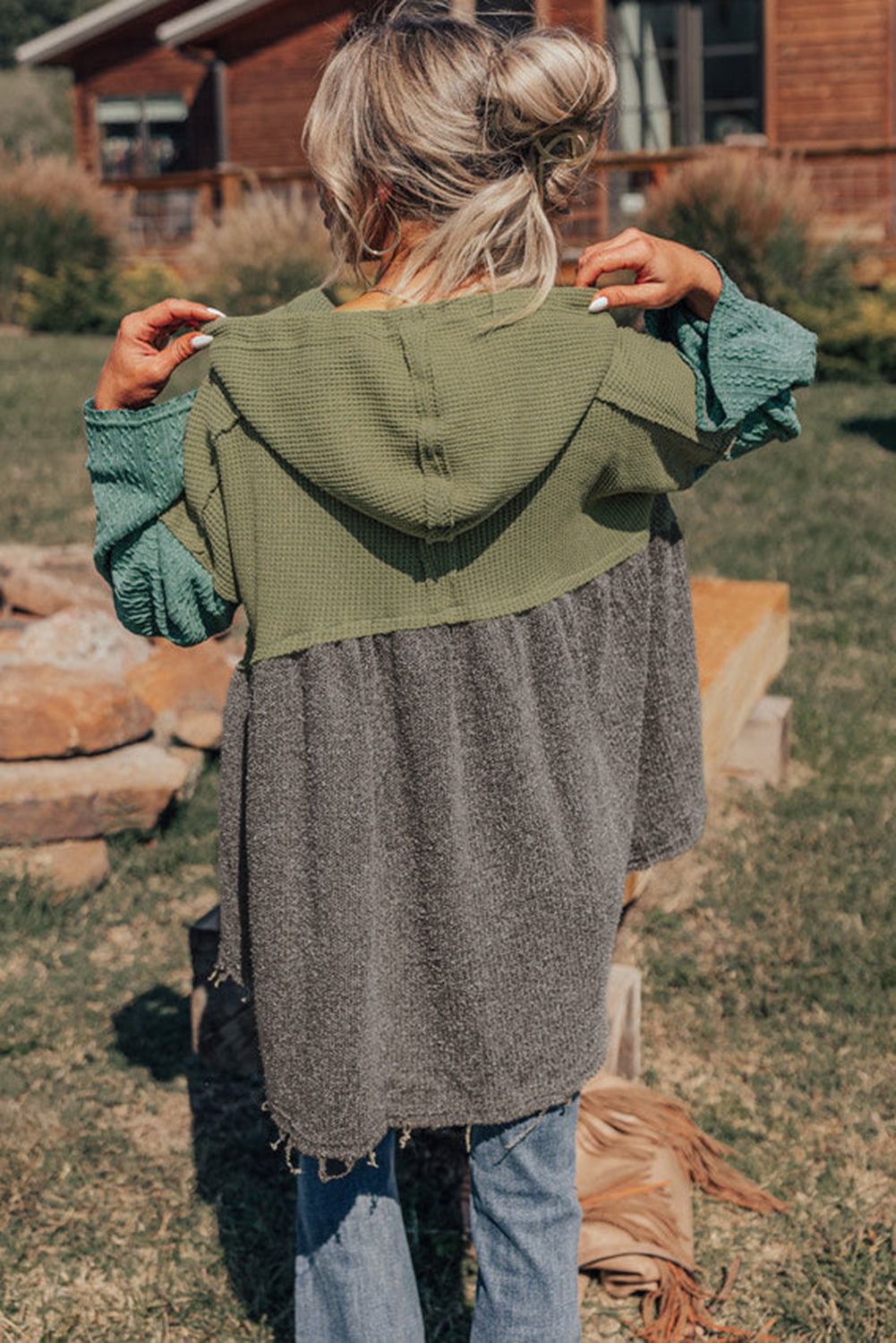 *Laurel Green Mixed Textured Colorblock Patchwork Wide Sleeve Frayed High Low Hooded Top