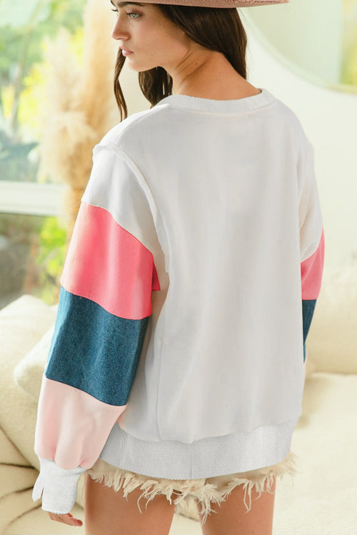 *White French Terry Color Block Long Sleeve Top