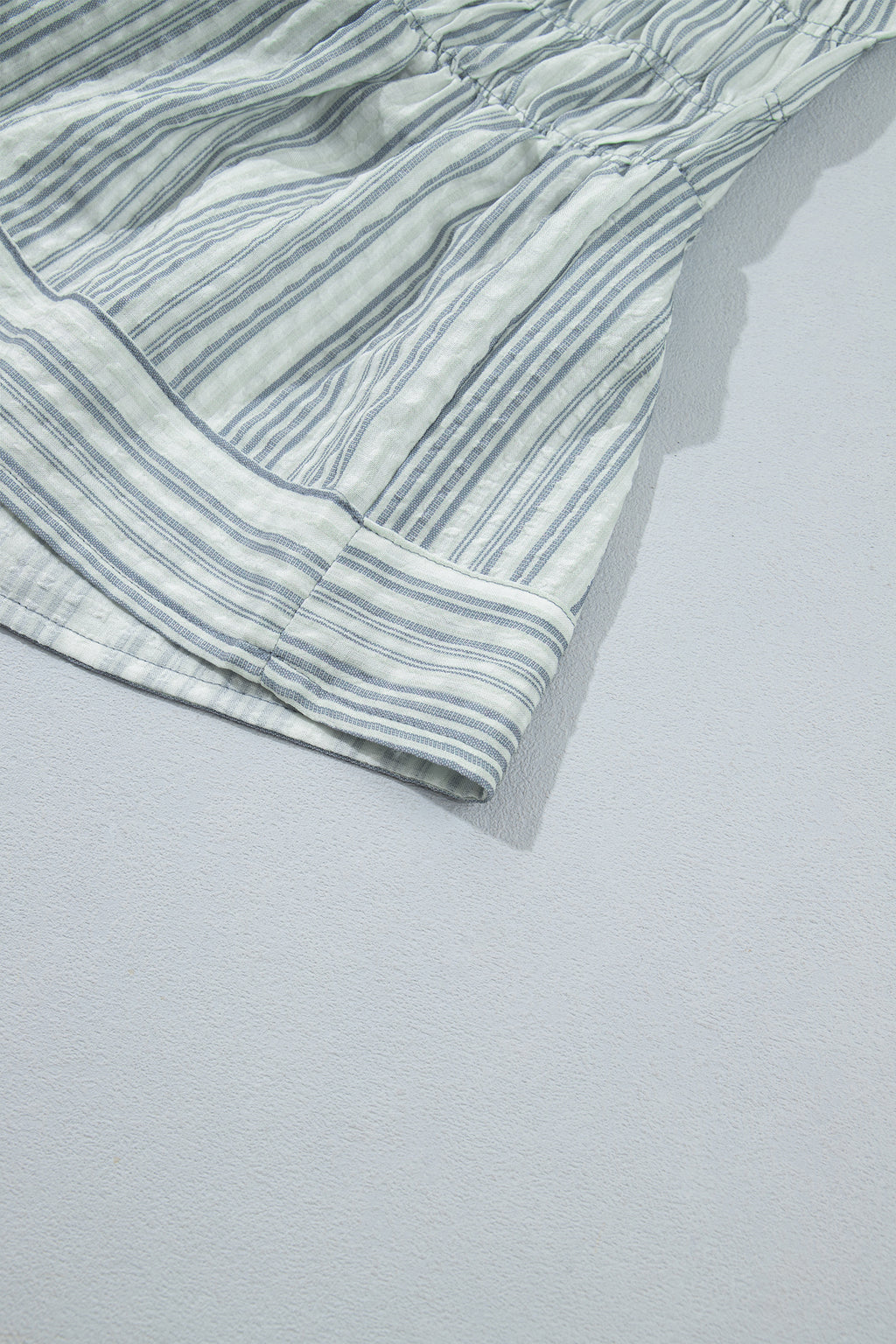 *Blue Stripe V Neck Shirred Long Sleeve Blouse
