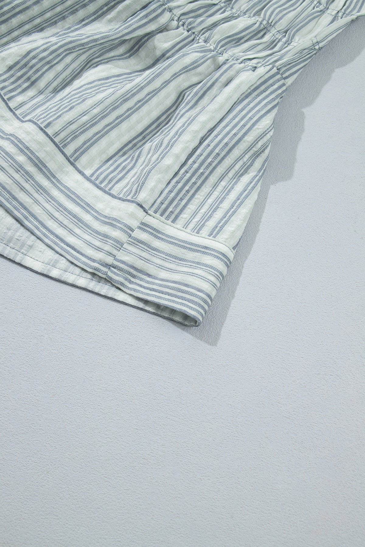 *Blue Stripe V Neck Shirred Long Sleeve Blouse