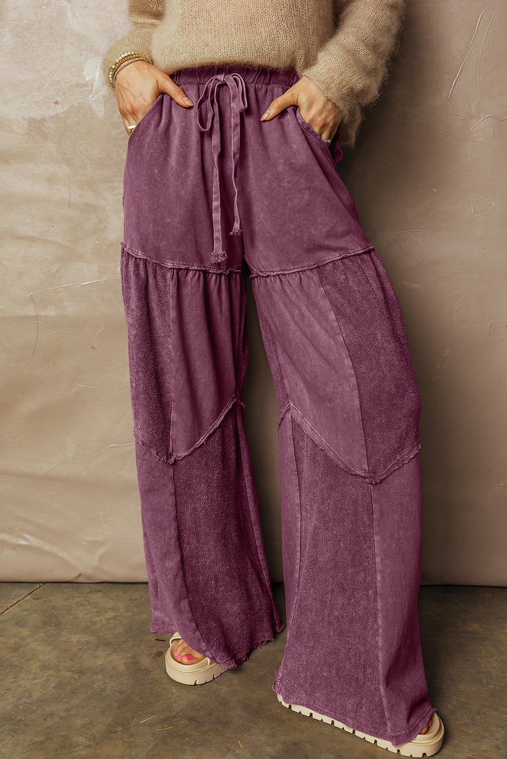 *Black Mineral Wash Tiered Wide Leg Patchwork Drawstring Pants