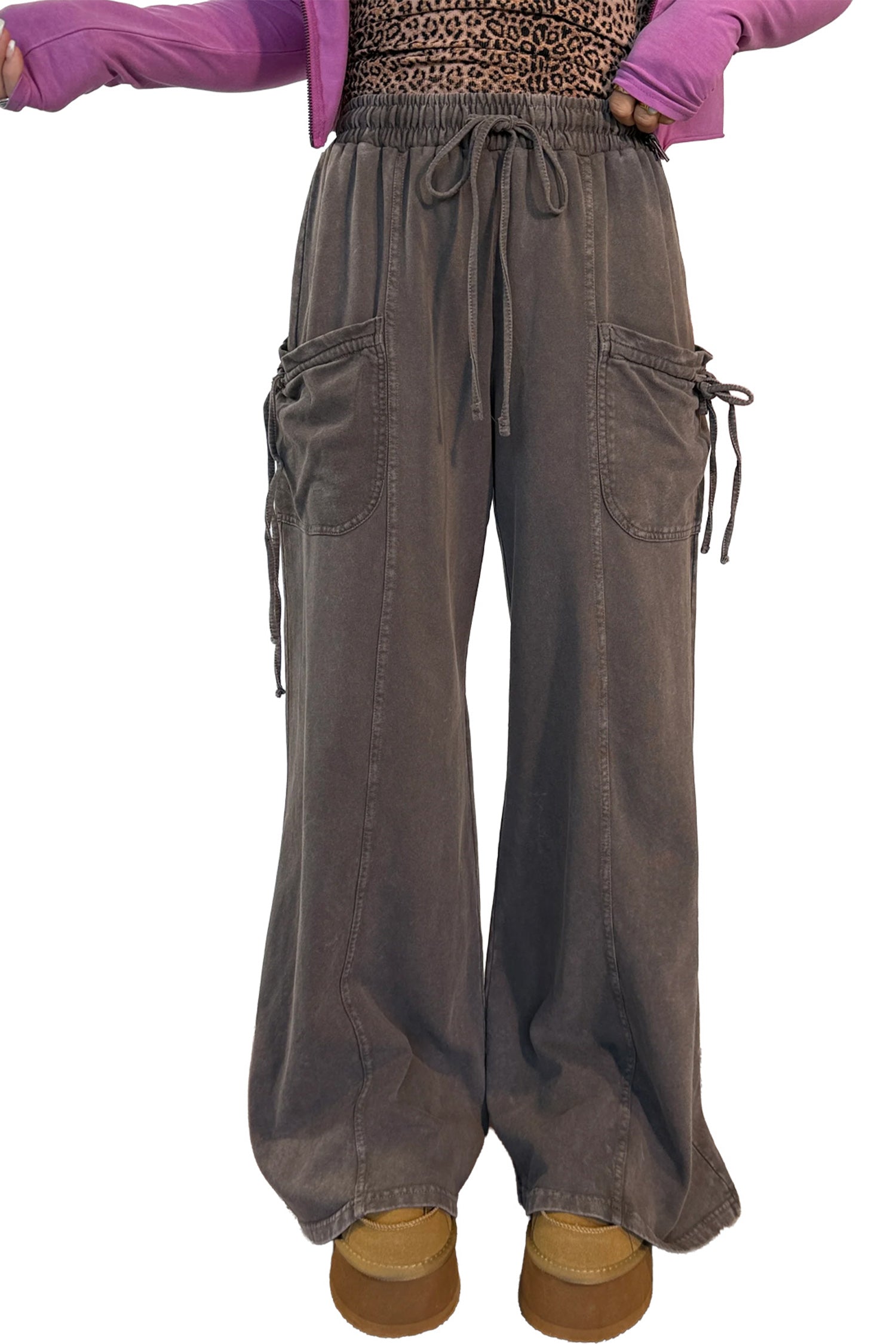 *Dark Brown Cotton Mineral Wash Elastic Waist Drawstring Tie Detail Cargo Pants