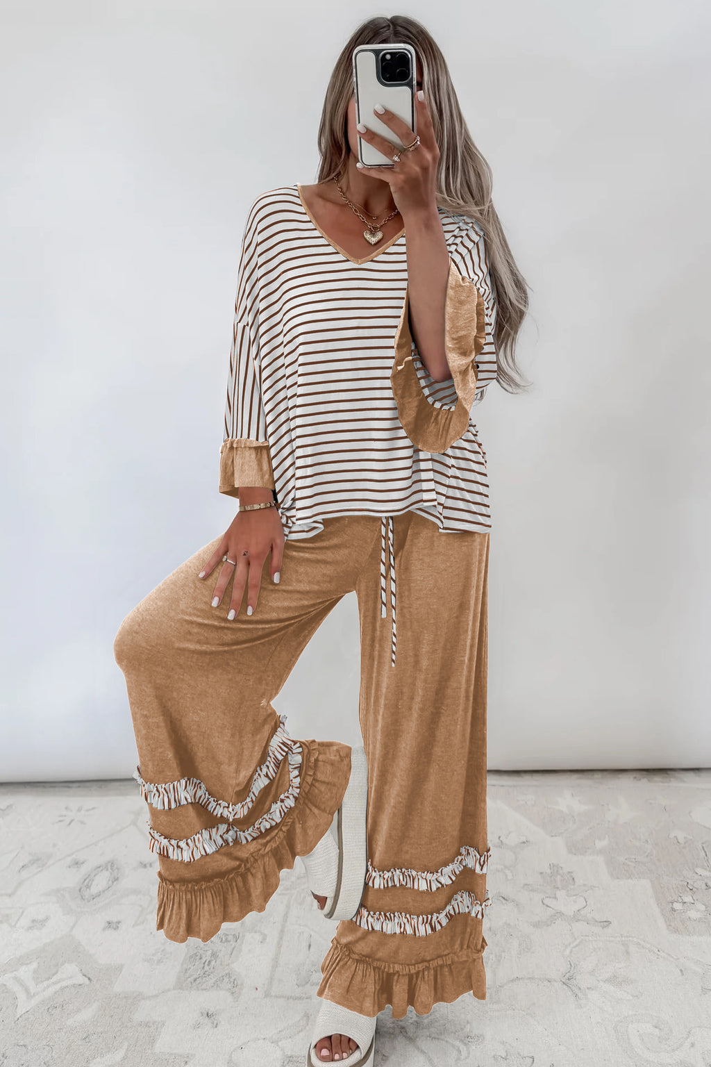 *Gray Stripe V Neck Ruffle Contrast Sleeve Top Drawstring Pants 2pcs Set